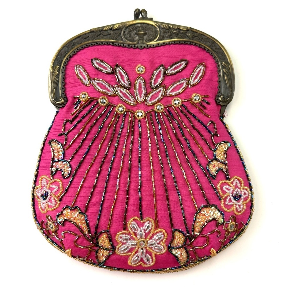 Vintage Pink Beaded Evening Bag Gold Frame Chain Strap Art Deco Glam - Picture 2 of 8